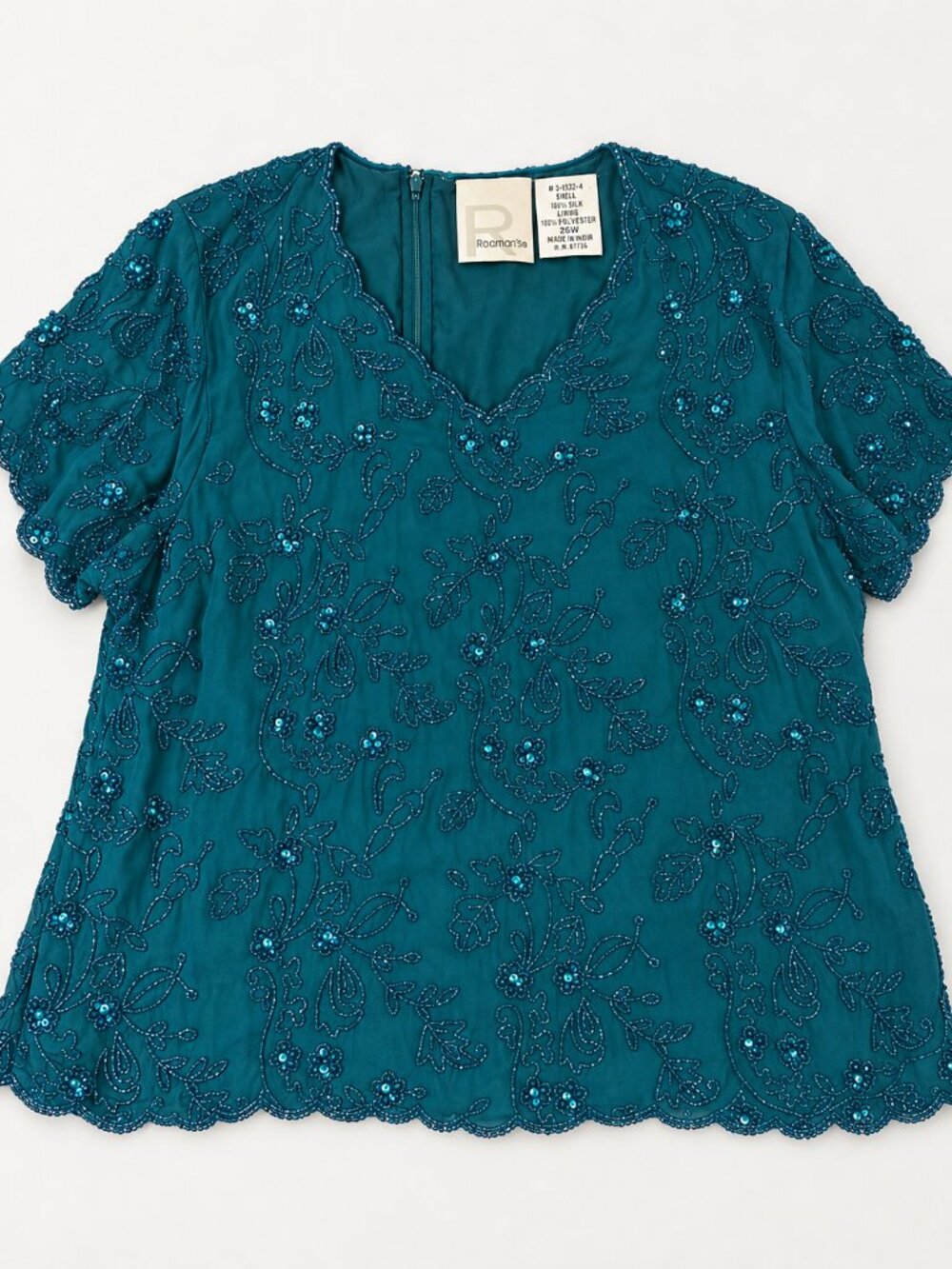 Vintage Y2K Roaman’s 26W Teal Silk Beaded Sequin Formal Blouse